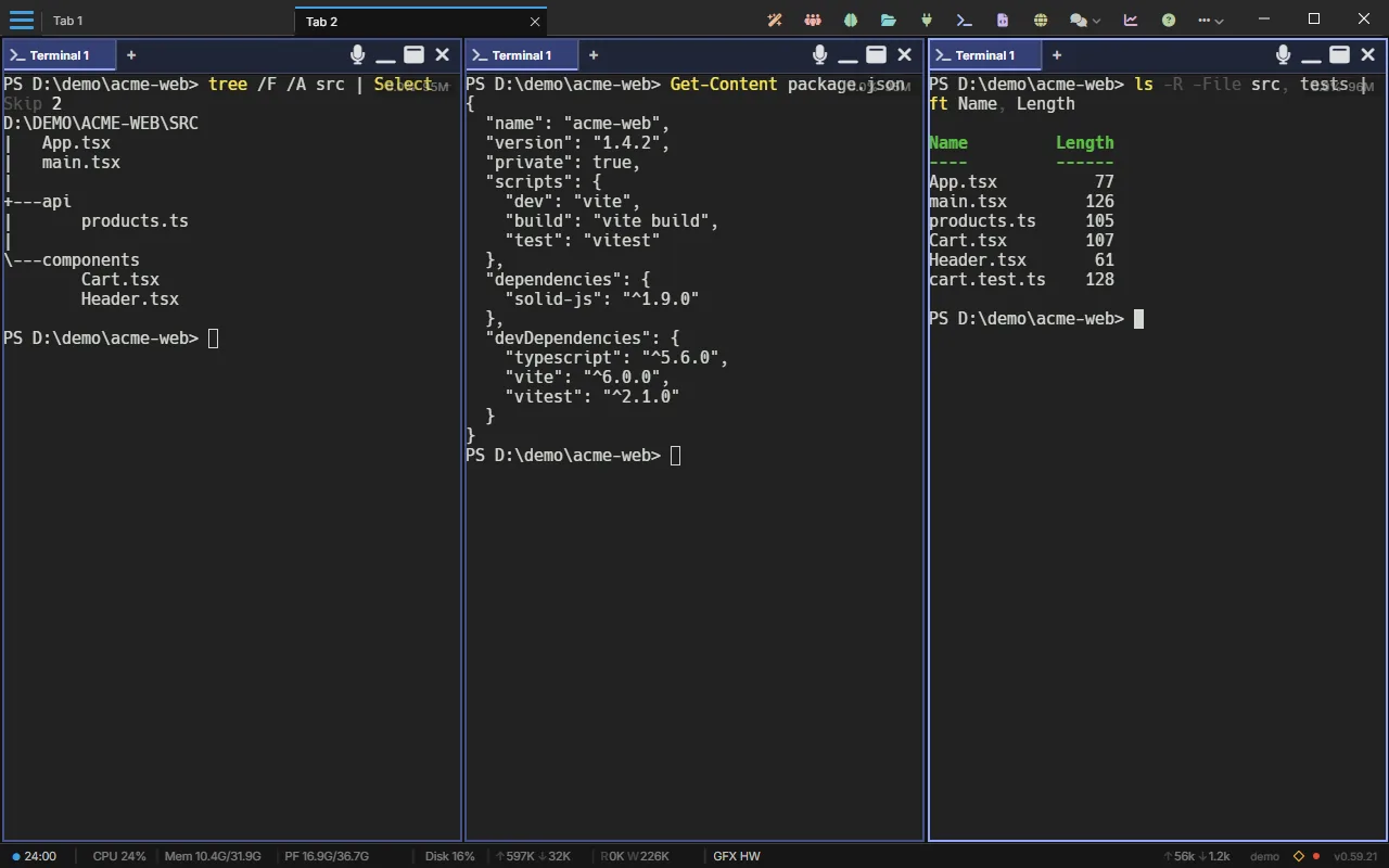 Three PowerShell terminals side by side in one tab: a project's file tree, its package.json, and a listing of its source files.