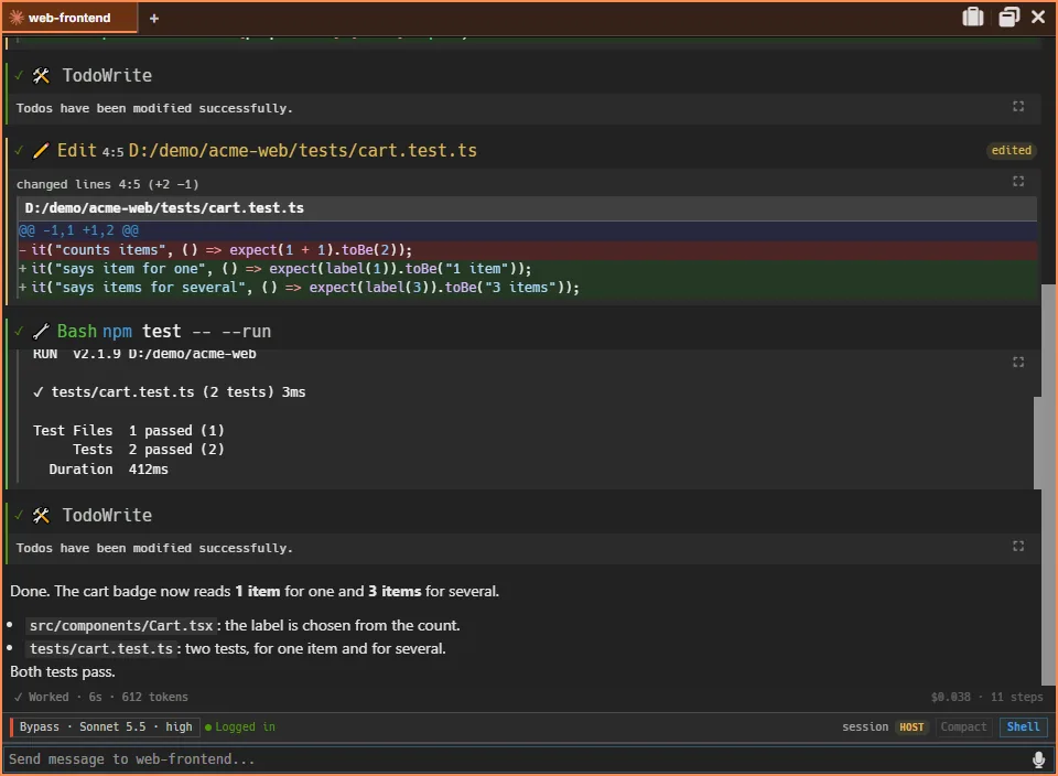 An agent pane showing a diff to a test file, the test run passing, and the agent's summary.