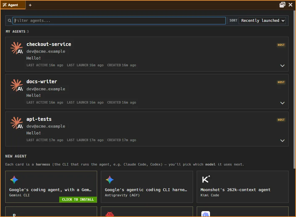 The agent picker: your agents, and a card for each harness you can add.