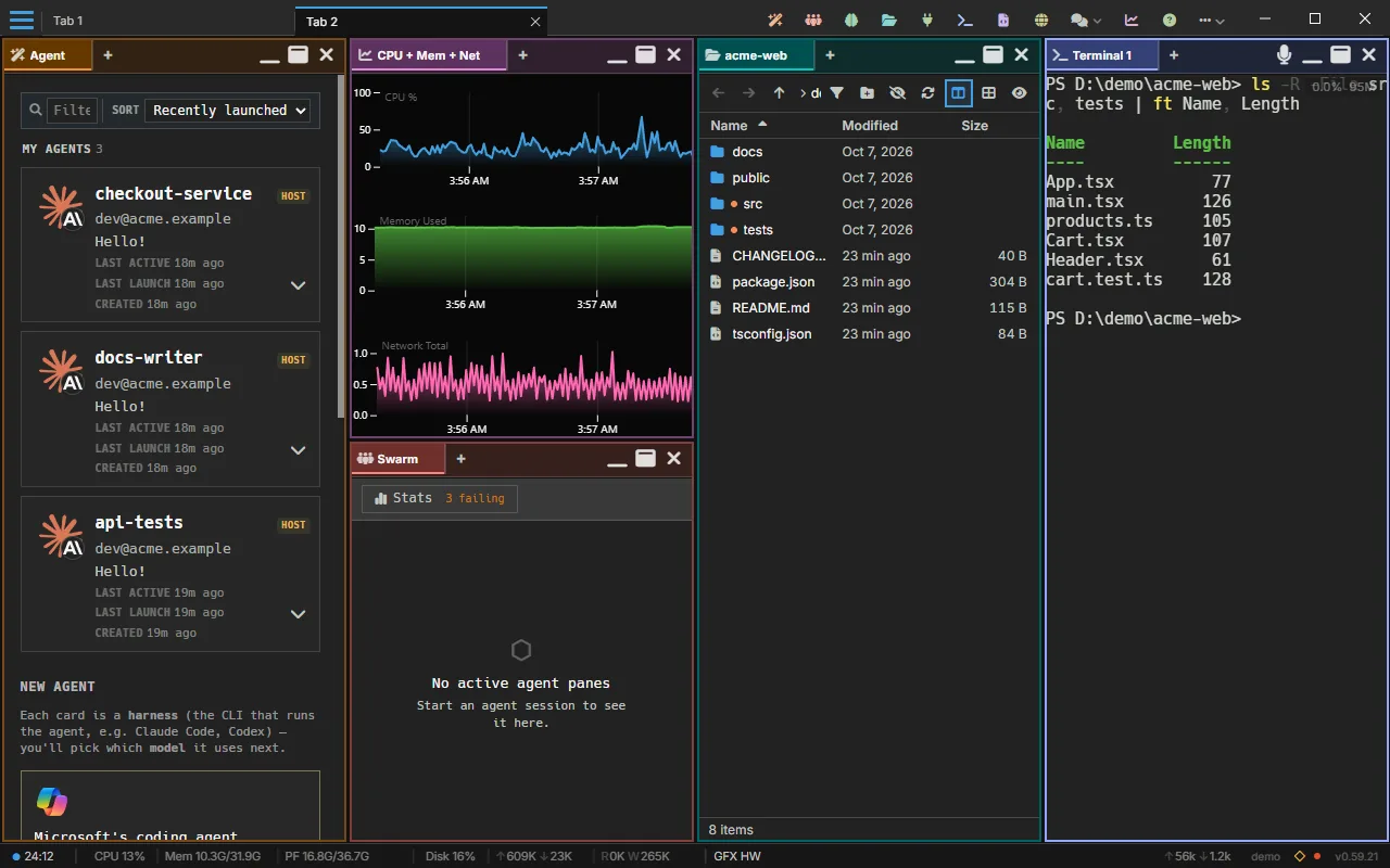 An AgentMux workspace: the agent picker, a live CPU graph, Swarm, the Hangar file browser on a project and a terminal, side by side.